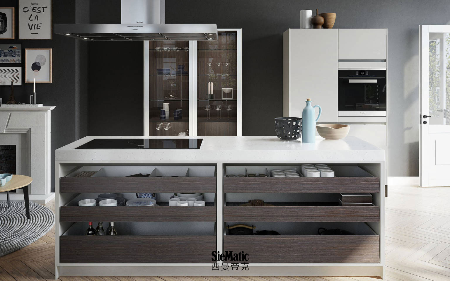 Prominent, wide SieMatic Urban S2 SE kitchen island in grey with open drawers and pull-outs