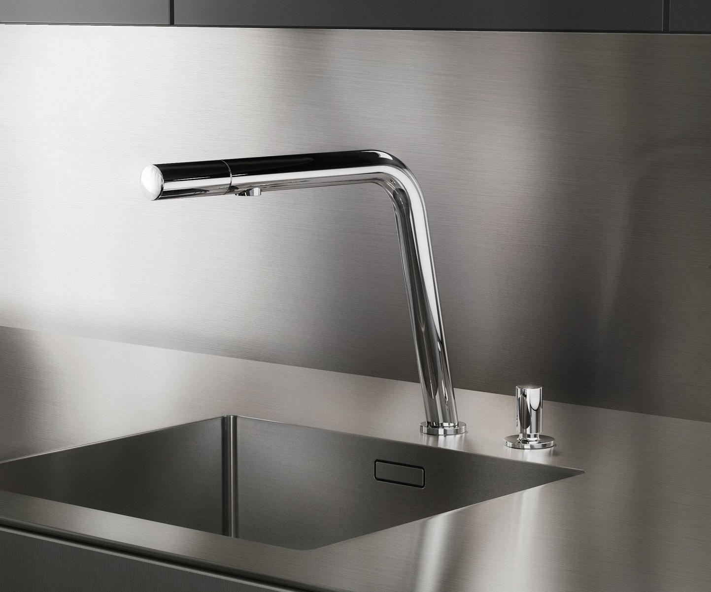 SieMatic Pure SE base cabinets in stainless steel with SieMatic-exclusive faucet with intelligent controls in the faucet head