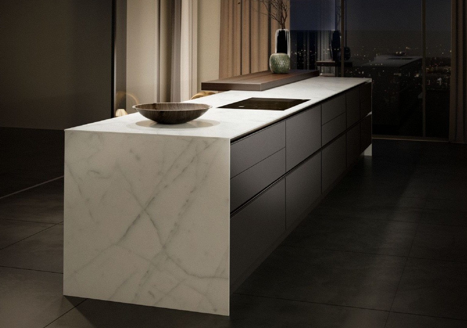 Spacious SieMatic Pure S2 SE kitchen island with 1 cm countertop and side panels in marble